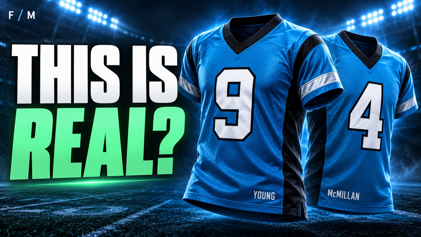Final Measure thumbnail: This is real? Blue number 9 and 4 jerseys represent Bryce Young and Tetairoa McMillan.